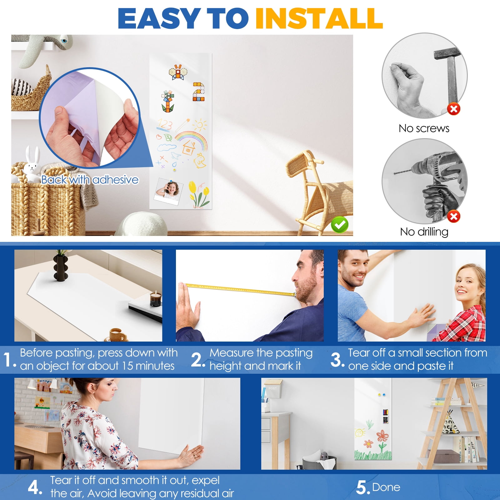 Threns Magnetic Whiteboard Contact Paper 39" x 16" Adhesive Magnetic Dry Erase White Board Sticker for Wall, Peel and Stick Wallpaper, Easy to Write and Clean for Playroom Office