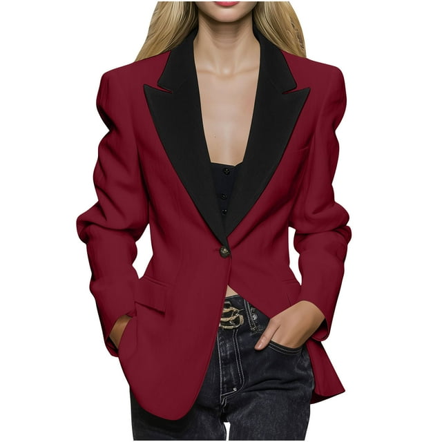 RXMEKW Slim Lapel Blazer for Women Long Sleeve Button Front Office Jacket for Work Solid Color