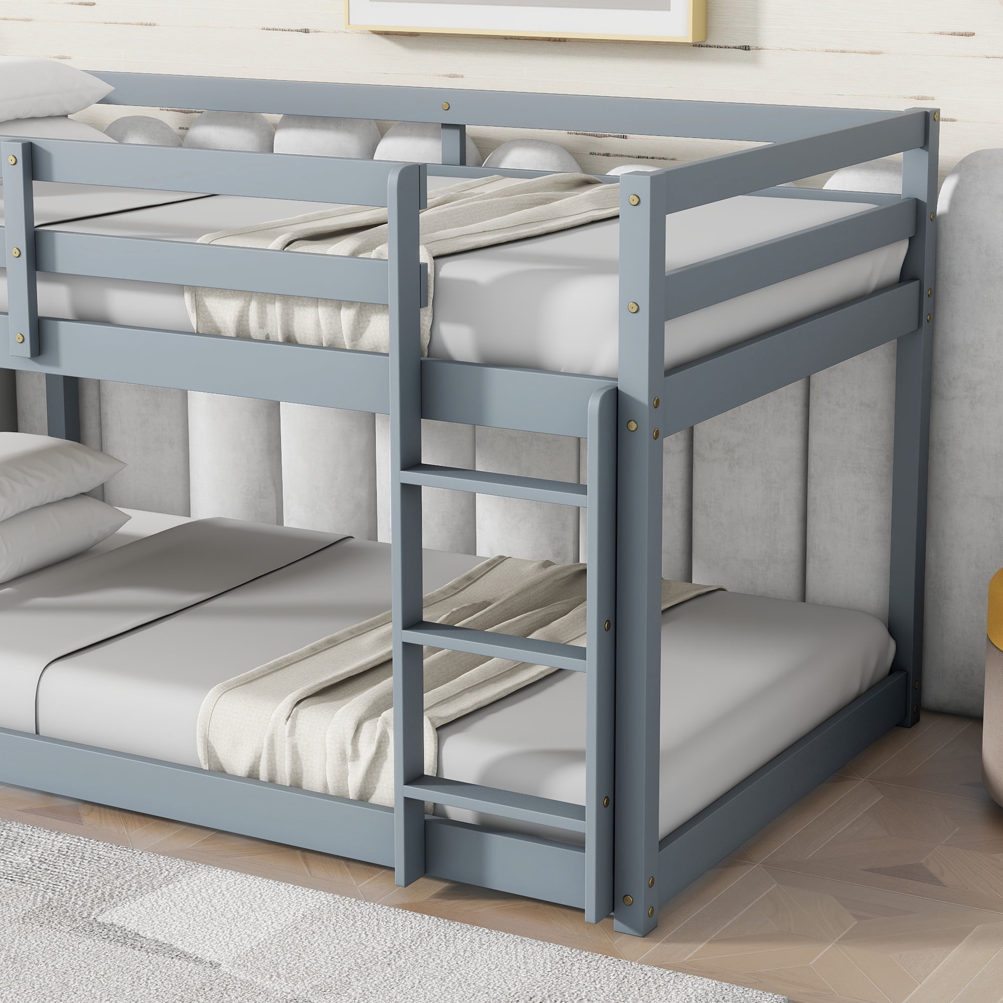 Sailvan Twin over Twin Floor Bunk Bed with Ladder, Solid Wooden/Solid Rubber, Upper and Bottom Bed Platforms crafted with Strengthened Slats