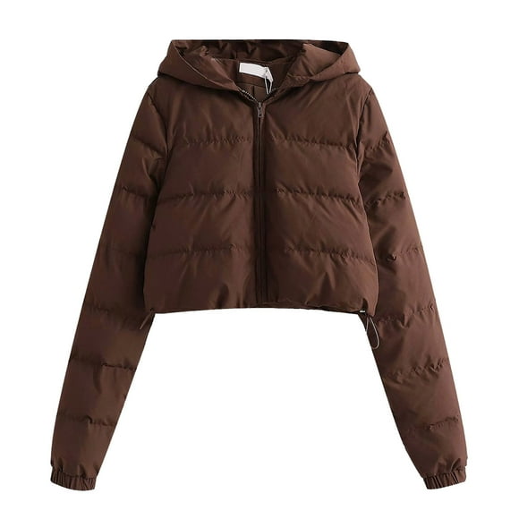 IROINID Women's Short Hoodie Puffer Jacket Solid Color Long Sleeve Warm Sweatshirt Zippers Slim Zipper Bomber Warm Coat Tops, Coffee