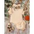 thumbnail image 2 of Suealasg Baby Girls Summer Outfits Short Sleeve Ruffle Romper +Elastic Waist Bow Shorts + Hairband Sets 3M 6M 9M 12M 18M Infant Newborn 3pcs Clothes, 2 of 7