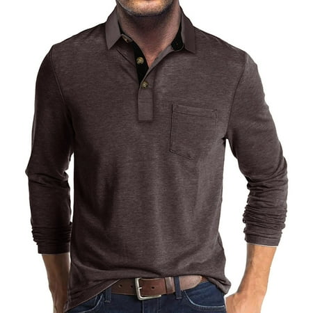 

Tao Men s Casual Polo Shirts Classic Button Basic Long Sleeve Shirt Solid Color Cotton Tees Stylish Tops CoffeeL