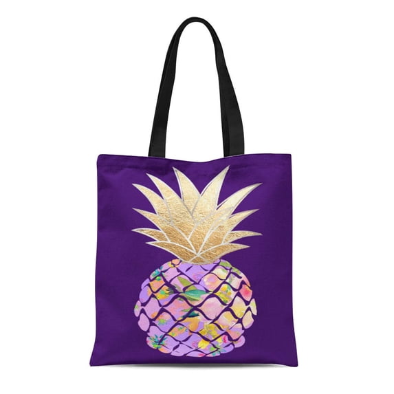 KDAGR Canvas Tote Bag Hawaii Pixdezines Purple Aloha Pineapples Pinapples Pattern Island Faux Reusable Handbag Shoulder Grocery Shopping Bags