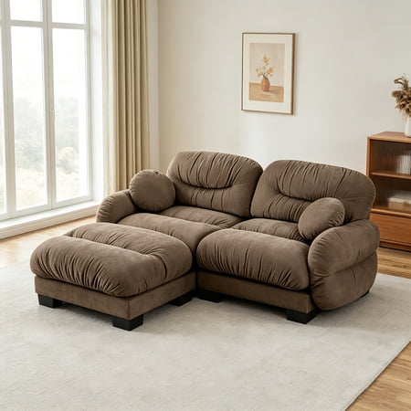 AUU Brown Pleated Chenille 2-Seater Modular L-Shape Sectional Sofa with Ottoman, High-Density Ergonomic Foam Seat, Curved Round Armrests and 2 Round Pillows