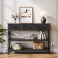 thumbnail image 2 of Aufeile 43" Narrow Console Table, Entryway Table with 3 Drawers and Outlets, Fabirc Sofa Table with Open Shelves for Couch, Hallway, Foyer, Living Room, Black, 2 of 8