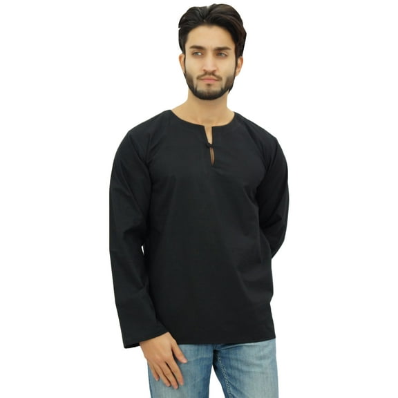 Atasi Men's Black Short Kurta Round Keyhole Neck Cotton Tunic Shirt-XX-Large