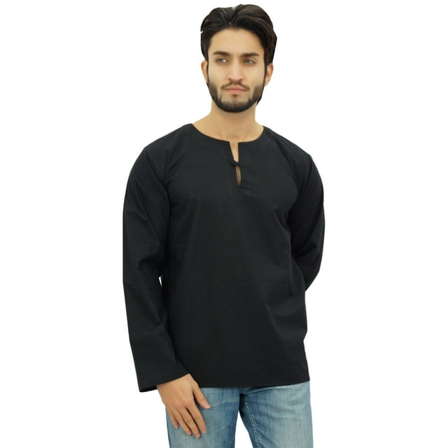 Atasi Men's Black Short Kurta Round Keyhole Neck Cotton Tunic Shirt-Large