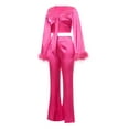 thumbnail image 5 of Coduop Women Feather Trim Long Sleeve Crop Top and Long Pants 2PCS Outfits Set, 5 of 6