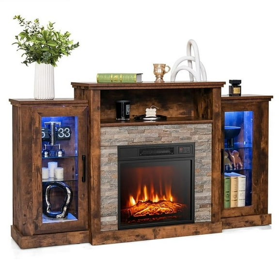 Pemberly Row TV Stand with 18" Electric Fireplace For 65" Wall Mounted TV Brown