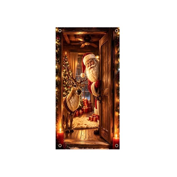 2026 Christmas Home Party Decoration Christmas Door Cover Santa Reindeer Door Curtain Festive Party Decoration Door Hanging Door Cover Decoration With Fastening Ropes Included