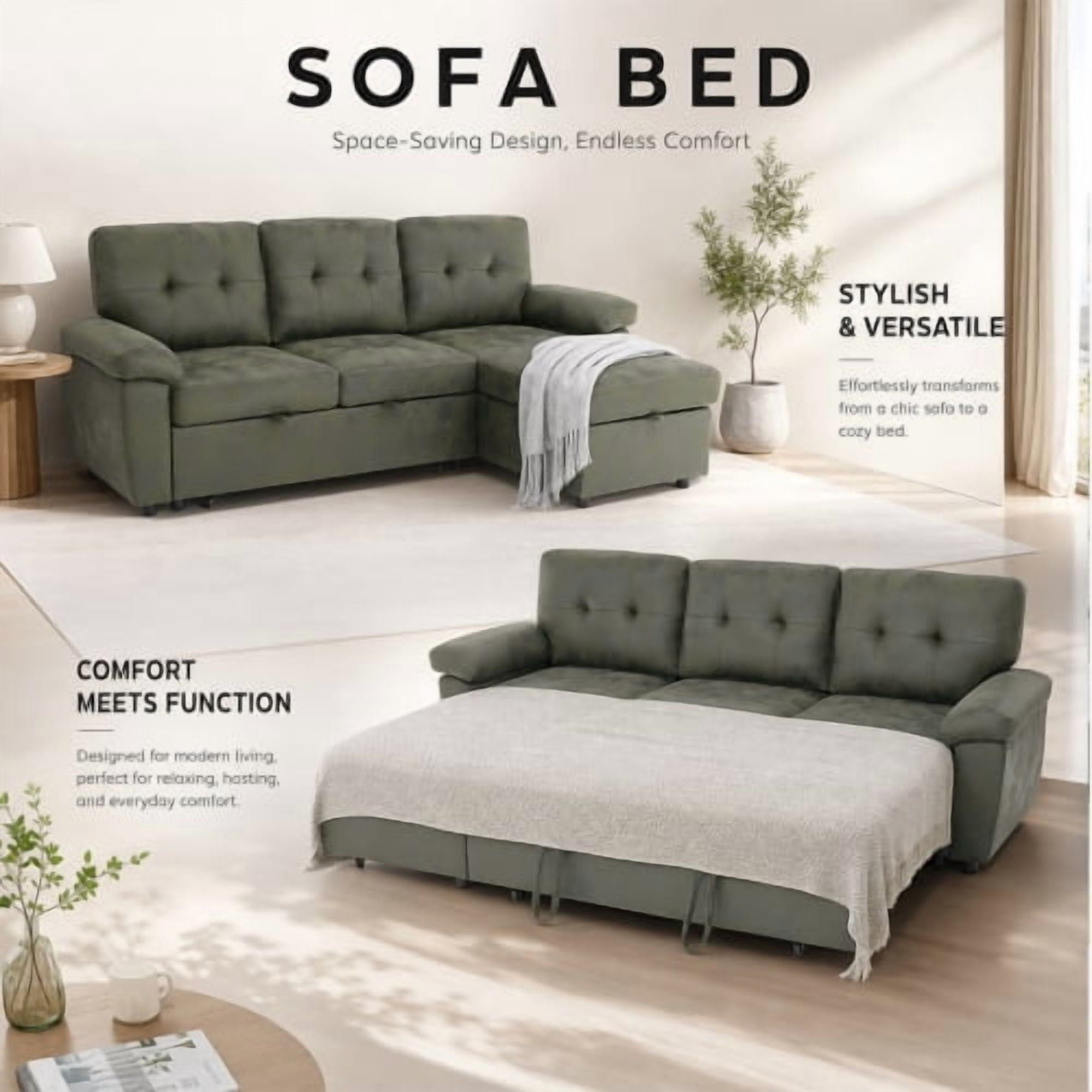 88.5" Convertible L-Shaped Pull-Out Sectional Sofa Bed with Storage Chaise & Soft Padded Armrests, Foil Fabric Upholstery, Olive Green
