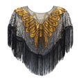 thumbnail image 3 of Women's Fringed Sequined Mesh Cropped Round Neck Shawl Casual Versatile Tassel Cape Small Outer Wear Wrap,Black gold, 3 of 7