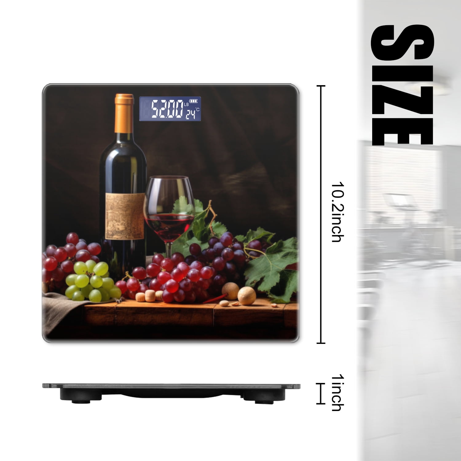 Bathroom Scale, Highly Accurate Digital Body Scale,Precisely Measures Weight up to 400 lbs-A Bottle Of Red Wine And Grapes On The Table