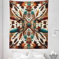 Ambesonne Rustic Tapestry Twin Size, Aztec Inspired Feathers Art, 68"x88", Cinnamon Redbrown and Teal