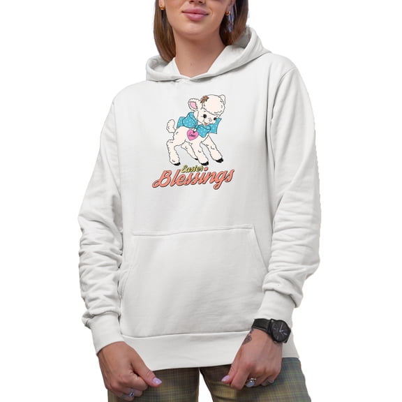 Distressed Easter Blessings - Cute Lamb Art, Easter Day or Sunday Favor, Souvenir or Merch Gift, White Hooded Sweatshirt or Hoodie, Small