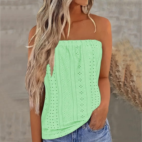 Weiqiqre Womens Tops Bandeau Tank Women Strapless Eyelet Embroidery Tube Tops Women Sleeveless Backless Tube Top