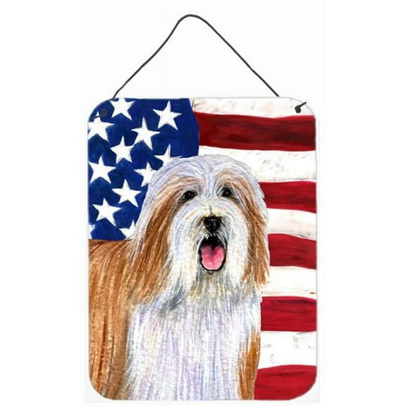 12 x 16 in. USA American Flag With Bearded Collie Aluminum Metal Wall & Door Hanging Prints