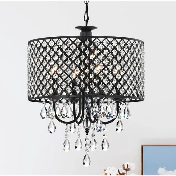 Maxax 17" Crystal Chandeliers, 4 Lights Antique Black Drum Lighting Fixture Adjustable Farmhouse Pendant Ceiling Light with Round Crystal Drum Shade for Living Room Dining Room