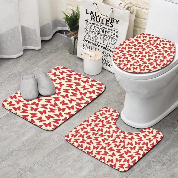 Red Butterfly Red Silhouette Pattern Bathroom Rugs Sets 3 Piece,Toilet Cover Set,Absorbent Non Slip Bathroom Mats Sets with U-Shaped Contour Rug Toilet Rug Set