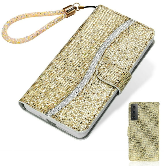 Mantto Case for Samsung S21 Plus, Girly Bling Glitter Card/Credit Slot Wallet Case, Magnetic Wrist Hand Strap Shockproof Flip Stand PU Leather Shell For Samsung Galaxy S21 Plus, Gold