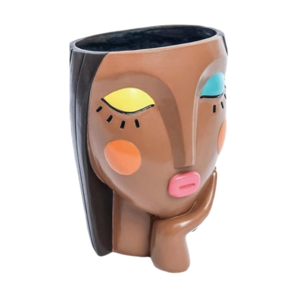 Maceta con forma de cara de resina, con ojos cerrados, decorativa para estantería. Manos solteras