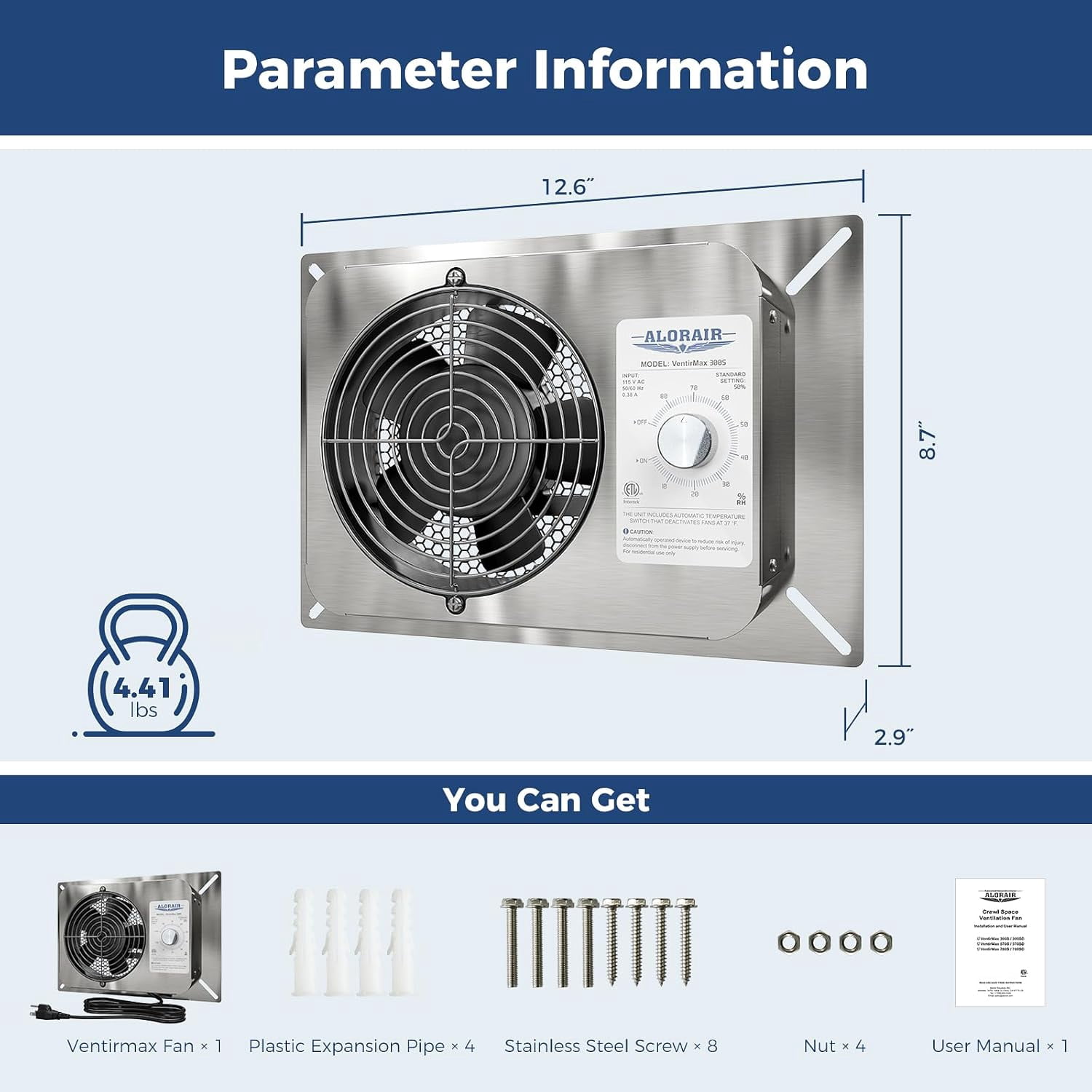 ALORAIR 300CFM Crawlspace Ventilation Fan with Humidistat, IP55 Rated Basement Stainless Steel Exhaust Fan, Built-In Isolation Net 6.7 Inch Foundation Vent Fan for Crawl Space, Garage, Attic,Grow Ten