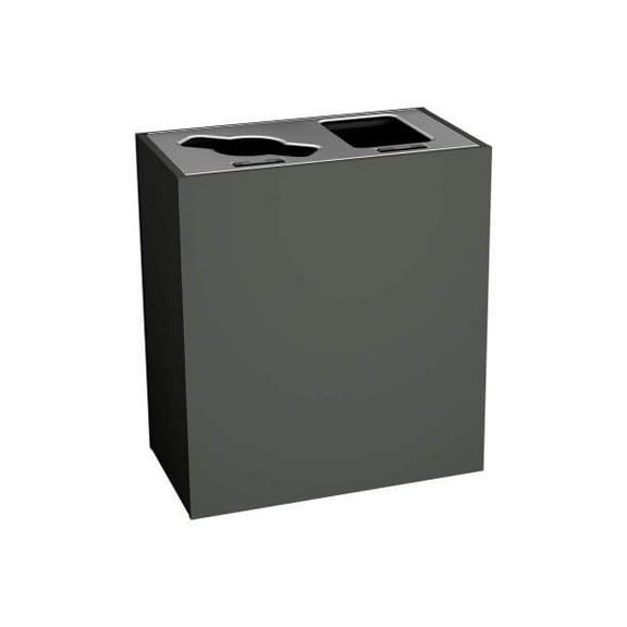 Stratus Series Commercial Recycling and Waste Receptacle Bin Modern Style with Black Wood Finish, Double Bin with Mixed Recycling Opening and Full Opening for Waste