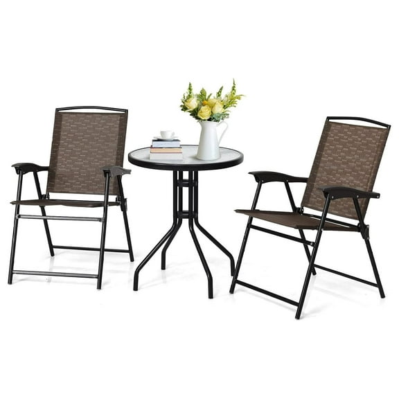 3 Pieces Patio Bistro Set, Outdoor Folding Chairs & Table Set with Tempered Glass , Round Table & 2 Foldable Chairs, Small Outdoor Furniture Set for Garden, Poolside & Backyard