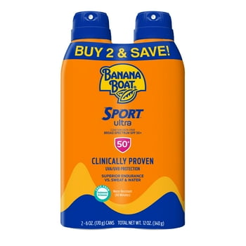 Banana Boat Sport Ultra Sunscreen Spray 12 Oz Twin Pack, SPF 50, Water Resistant Sunblock (80 Minutes), Superior Endurance VS Sweat And Water