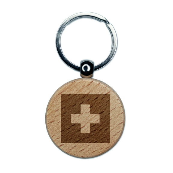 Switzerland Flag Round Keychain Charm Tag - Engraved Wood
