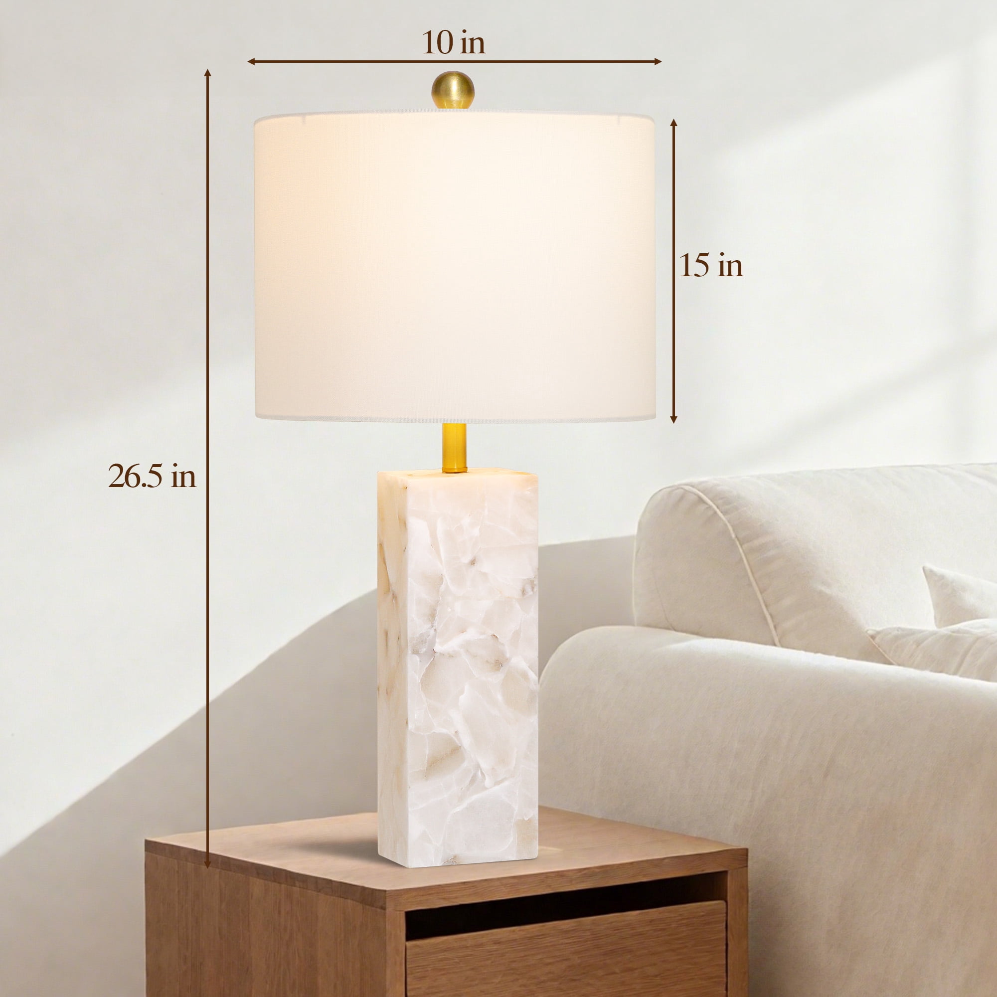 26.5in Alabaster Lamp, Marble Lamp Nightstand Lamp Bedside Desk Lamp with White Linen Lampshade for Bedroom Living Room Office