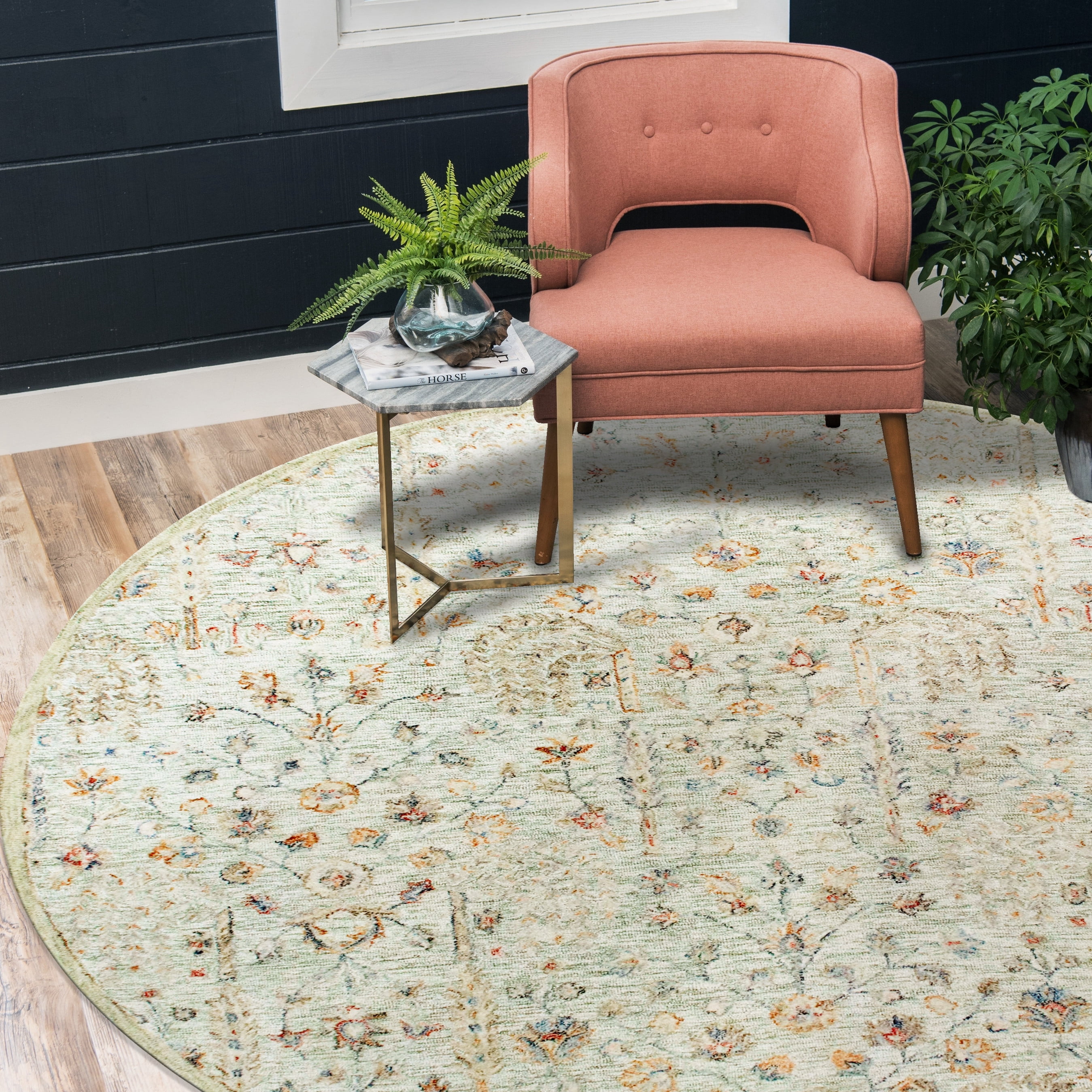 LR Home Viane Blythe Green/Taupe Vintage Floral Wool Round Rug, 8'6" Round