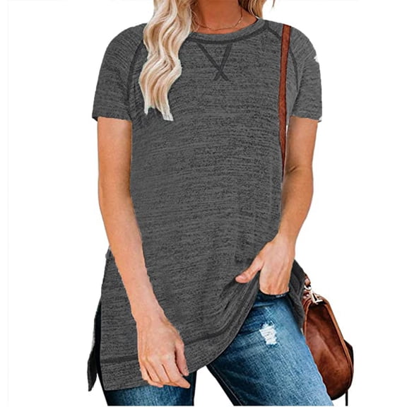 ClodeEU Women Summer Short Sleeve Crewneck Tshirts with Side Split ,Loose Fit Tunic Shirts Gray,Womens Plus S