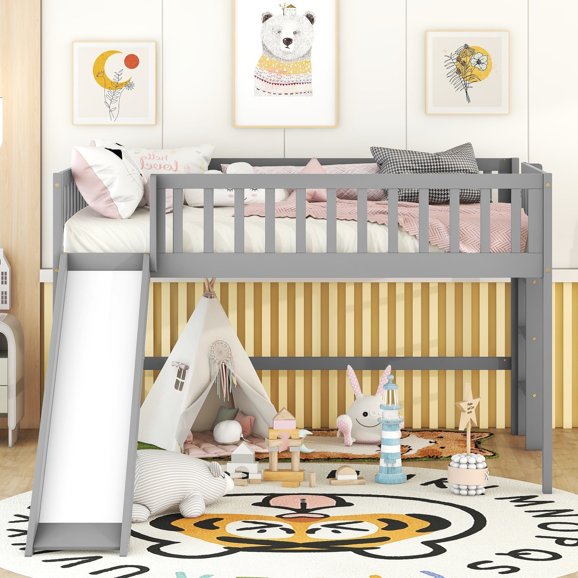 Euroco Wood Full Size Loft Bed, Low Profile Bed with Vertical Ladder and Slide for Kids Teens, Gray