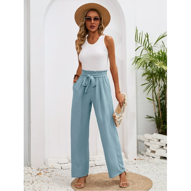 【Anyone more】Hatoo Lace Line Wide Training Pants Chiclily Women's Belted Wide Leg Pants with Pockets