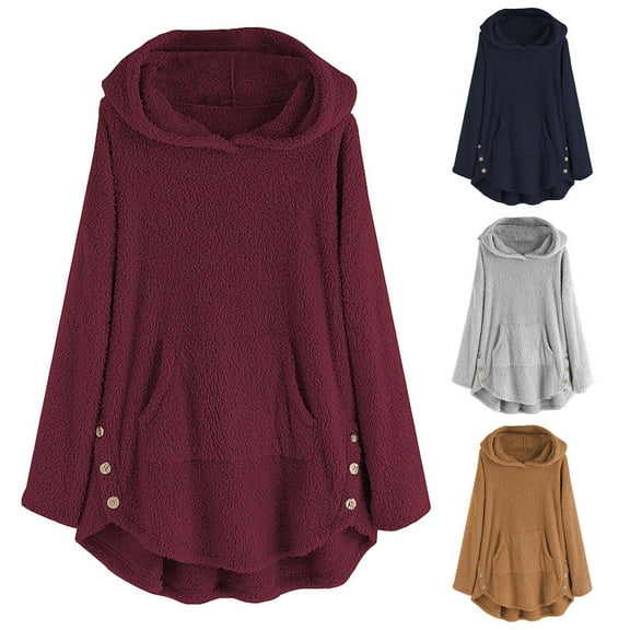 Lovskoo Fleece Jacket Women Pullover Hoodie Sweatshirt Side Button Pocket Solid Warm Winter Oversized Outwear Navy