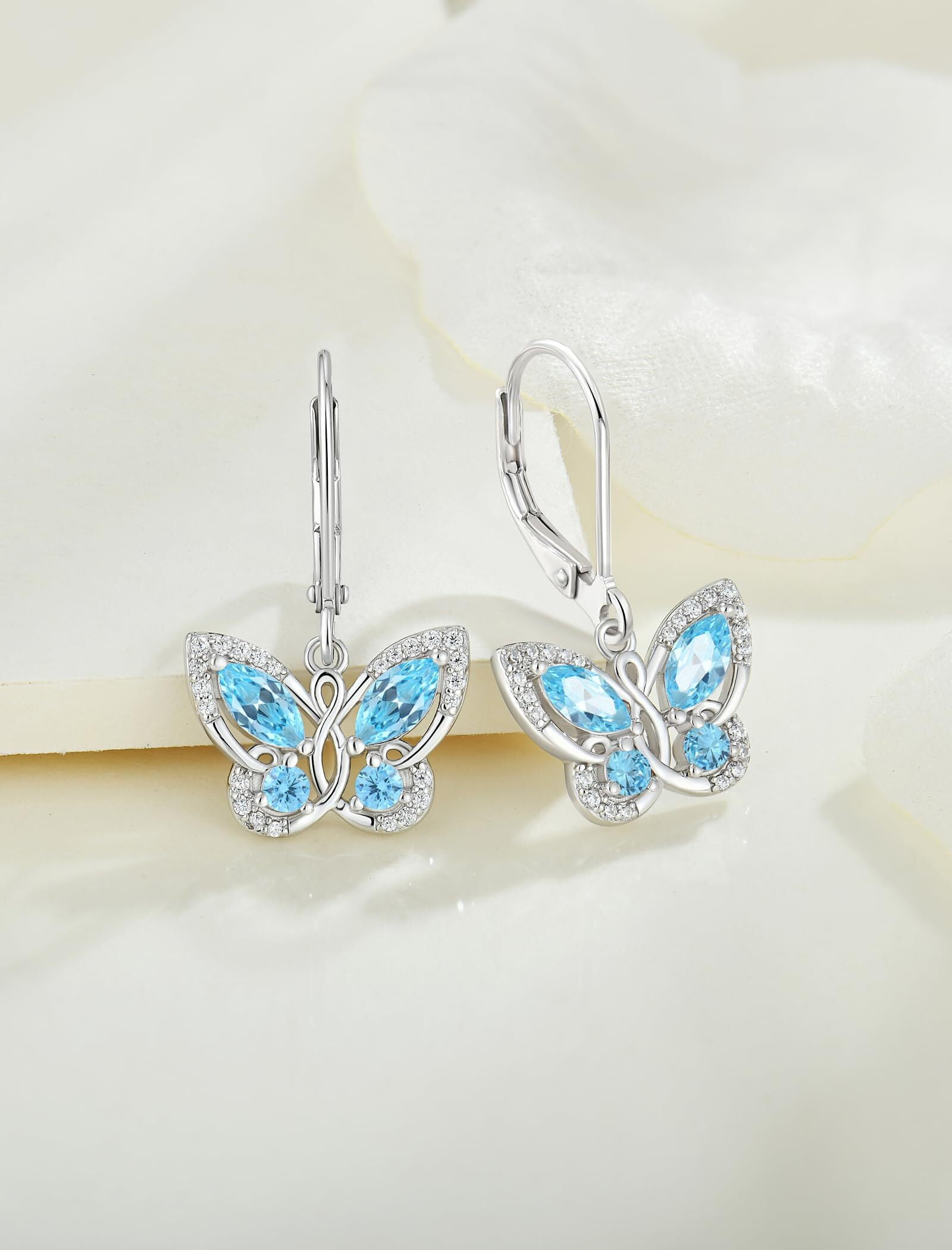 Starchenie Butterfly Earrings for Women 925 Sterling Silver Leverback Earrings Birthstone March Aquamarine Butterfly Jewelry Gifts