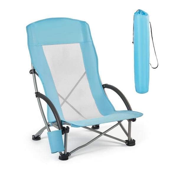 Folding Beach Chair, High Back Camping Chairs for Adults, with Cup Pocket, Mesh Back, Carry Bag, Portable Extra Wide Seat Chair 330 lbs Heavy Duty Support, for Outdoor, Camp, Light Blue