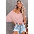 thumbnail image 6 of Light Pink Waffle Texture Ribbed V Neck Drop Shoulder Loose Tee for Women | [ZhiHiMeRi] | 2XL, 6 of 7