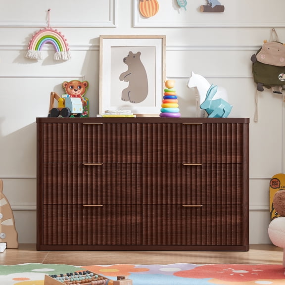 LELELINKY 48" Farmhouse Dresser Set of 2, Wood Dresser with Metal Knobs, 6 Drawer Bedroom Storage Cabinet, Fluted TV Stand & Closet Organizer