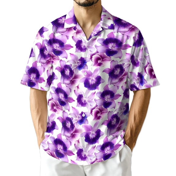 Netecom Purple Orchid Flower Hawaiian Shirt for Men, Retro Style, Button Down Summer Beach Short Sleeve, S-5XL