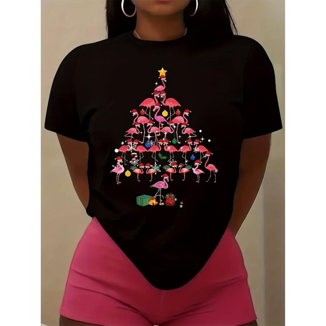 Camiseta de cuello redondo con estampado de flamenco navideño, top informal de manga corta para primavera y verano, ropa de mujer, camiseta deportiva de ocio.