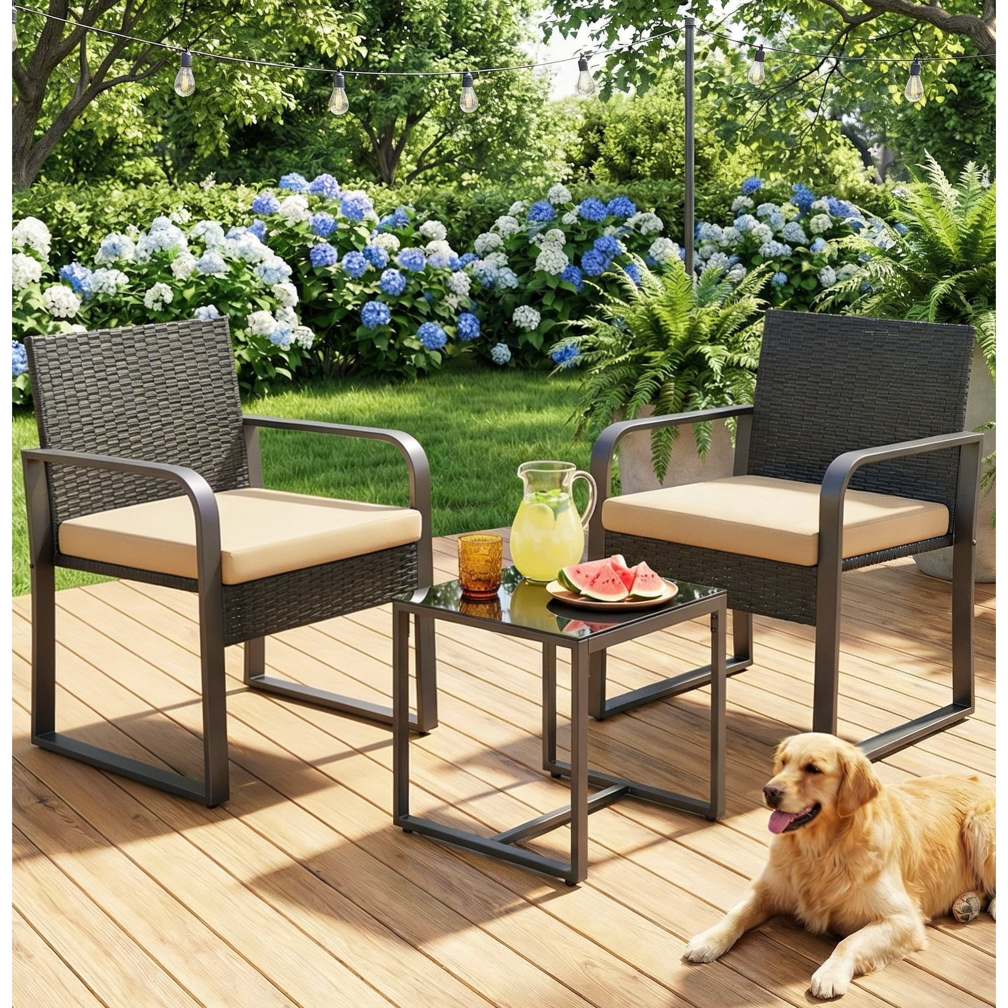 Patio Furniture Set for 3, Lofka All-Weather Outdoor Rattan Conversation Set with Glass Table for Lawn, Poolside, Porch,Beige