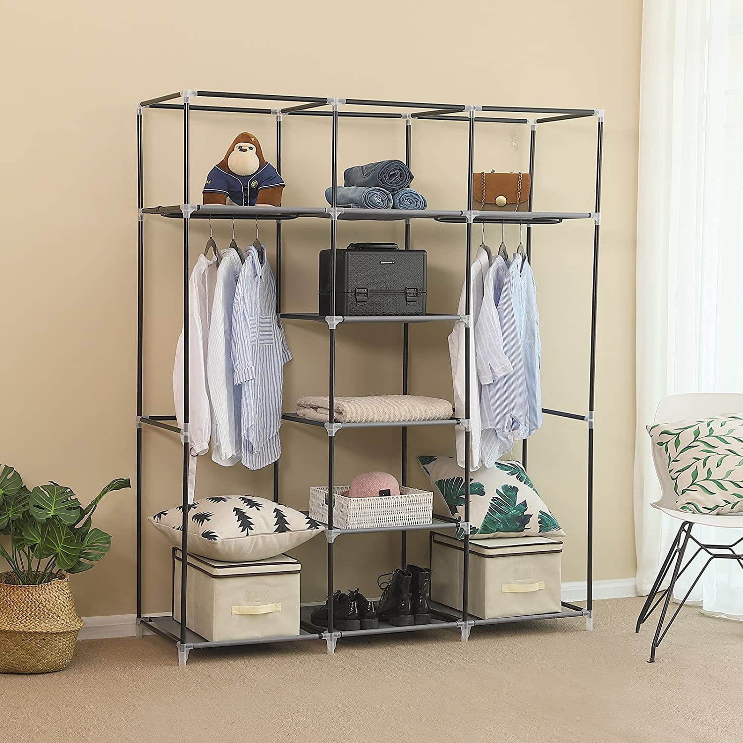 Private Jungle 69" Portable Clothes Closet Non-Woven Fabric Wardrobe with 2 Hanging Rods, 9 Storage Shelves, Storage Organizer, Gray Private Jungle 69" Portable Clothes Closet Non-Woven Fabric Wardrobe with 2 Hanging Rods, 9 Storage Shelves, Storage Organizer, Gray