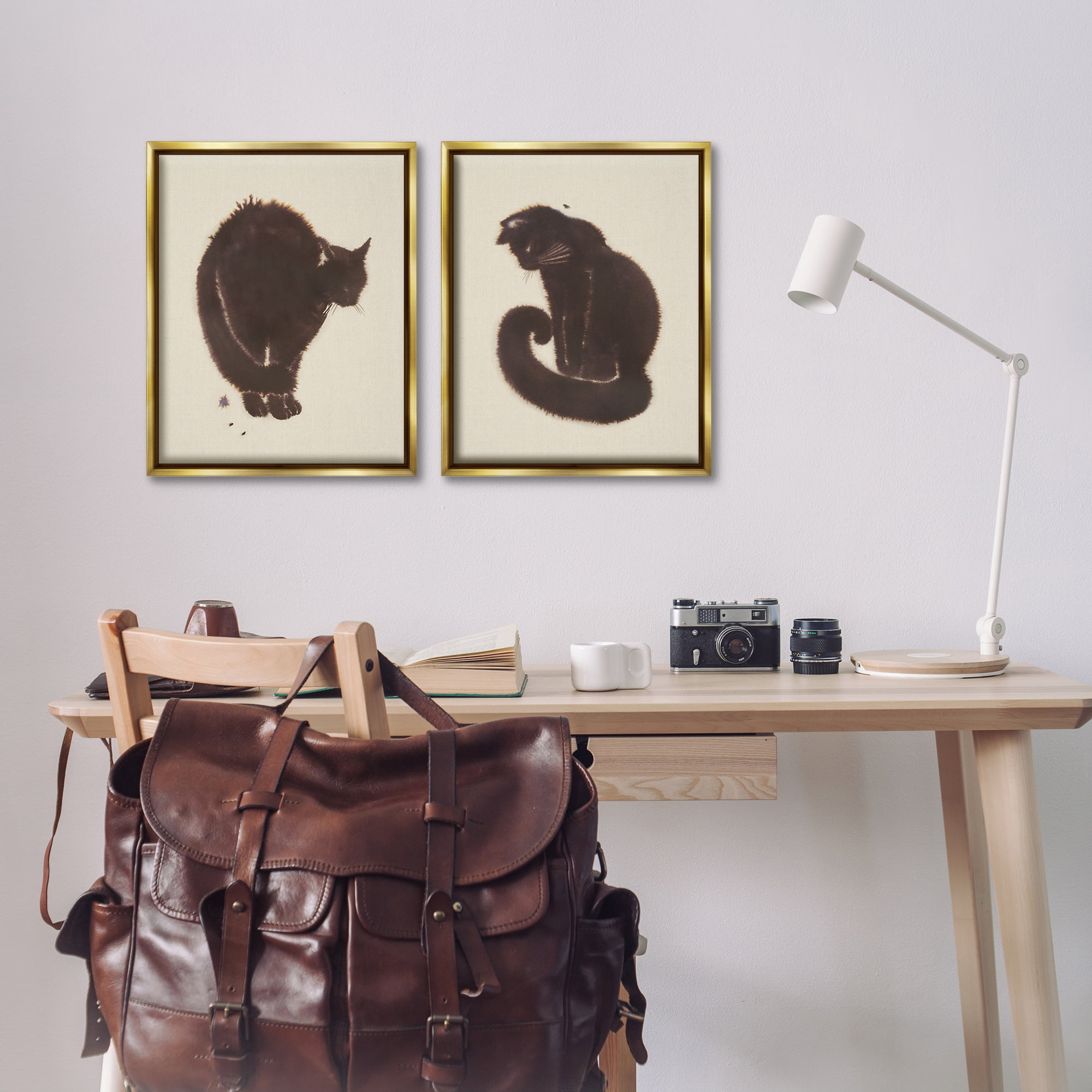 Stupell Industries Simple Cats on Beige Animals Painting Gold Floater Framed Canvas Art Print Wall Art, 17 x 21, Set of 2