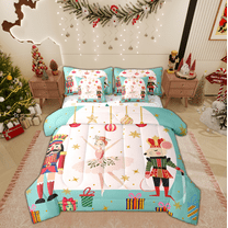 Manfei Kawaii Cartoon Nutcracker Bedding Comforter Set 7pcs, Christmas Princess Queen Bedding Sets, Teen Kid Child Reversible Queen Sheet Sets, Lightweight Room Decor