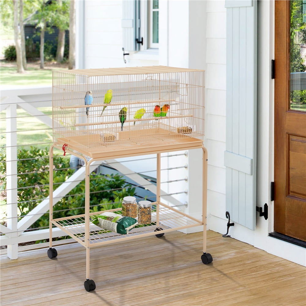 Alden Design 47" Metal Bird Cage with Slide-Out Tray and Rolling Stand, Almond