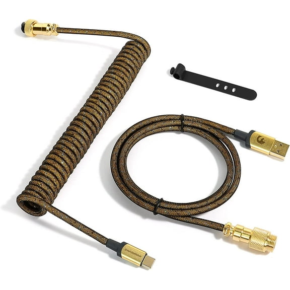 Mamba Snake C03 Coiled USB C Cable for Gaming Keyboard, Starlight Braided Mechanical Keyboard Cable with Gold Detachable Metal Aviator, Double-Sleeved, Pro Custom Type C Charging Keyboard Cable-Gold