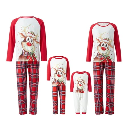 

Merry Christmas Pajamas Set Family Matching Long Sleeve Elk Print Tops Plaid Pants Sleepwear Nightwear