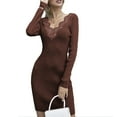 thumbnail image 1 of Vestido de punto con cuello en V encaje de color puro delgado manga larga vestido de suéter de moda para mujer café S, 1 of 5